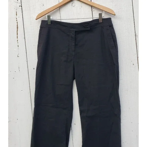 $228 Eileen Fisher Black LINEN Blend Straight Trouser Pants W/ Tab Petite Sz 12P